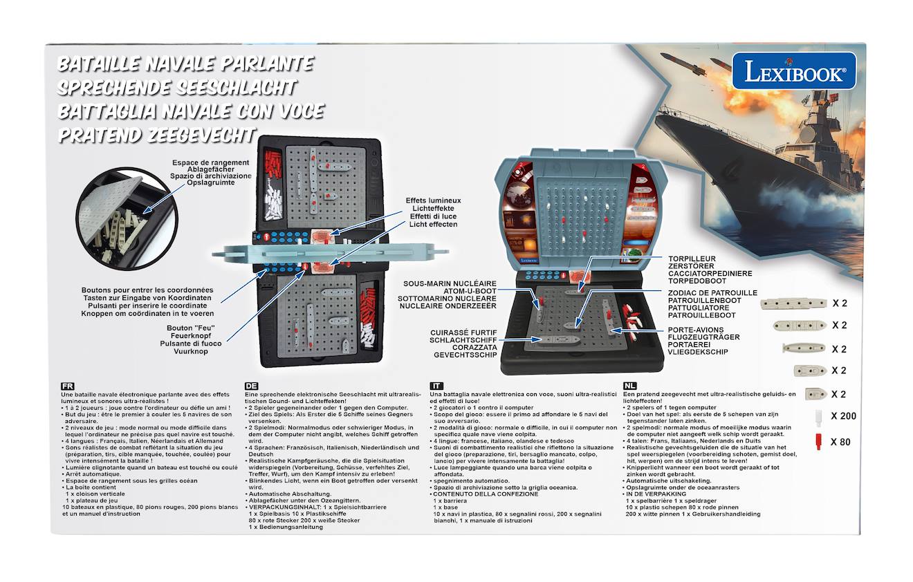 Jeu bataille navale électronique parlante lumineuse (FR/DE/IT/NL) 1 ou 2 joueurs, effets lumineux sonores, à piles gris