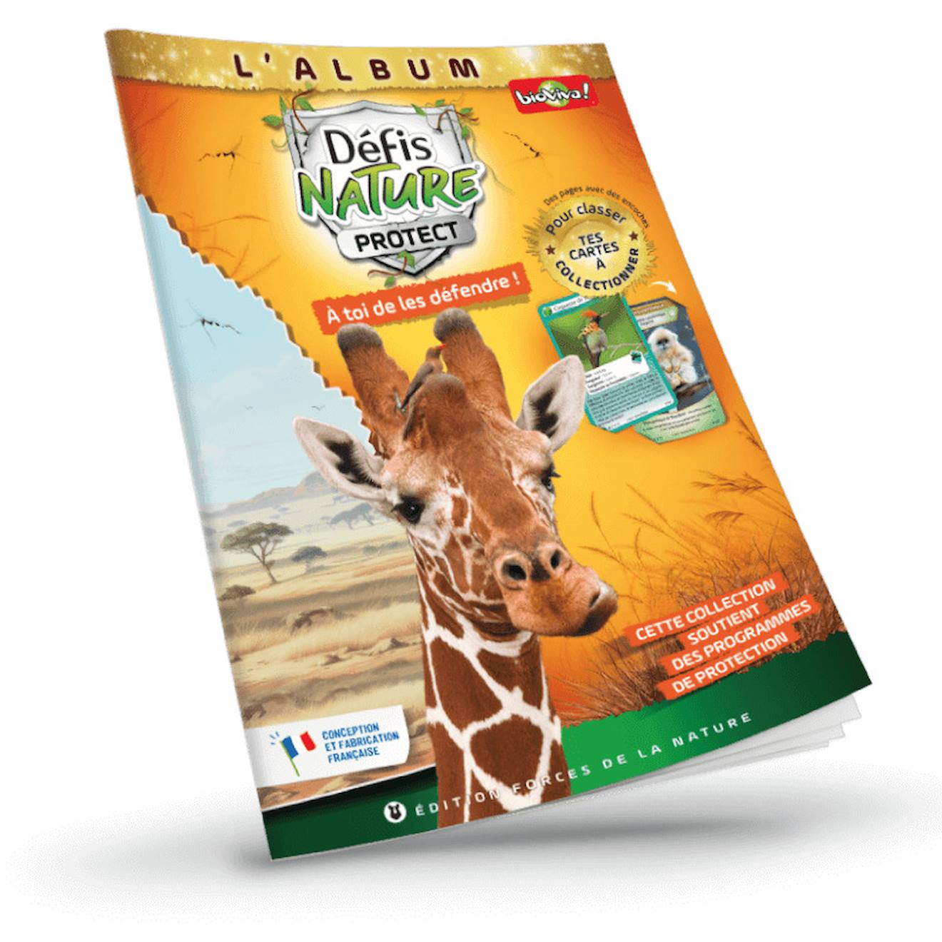 Jeu de cartes à collectionner défis nature protect - album de classement - couverture girafe réticulée - fabriqué en france multicolore