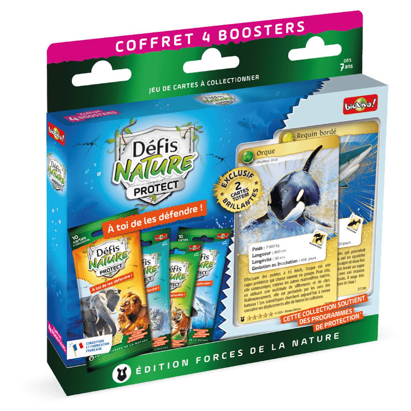 Jeu de cartes à collectionner défis nature protect - coffret 4 boosters - orque et requin - fabriqué en france multicolore