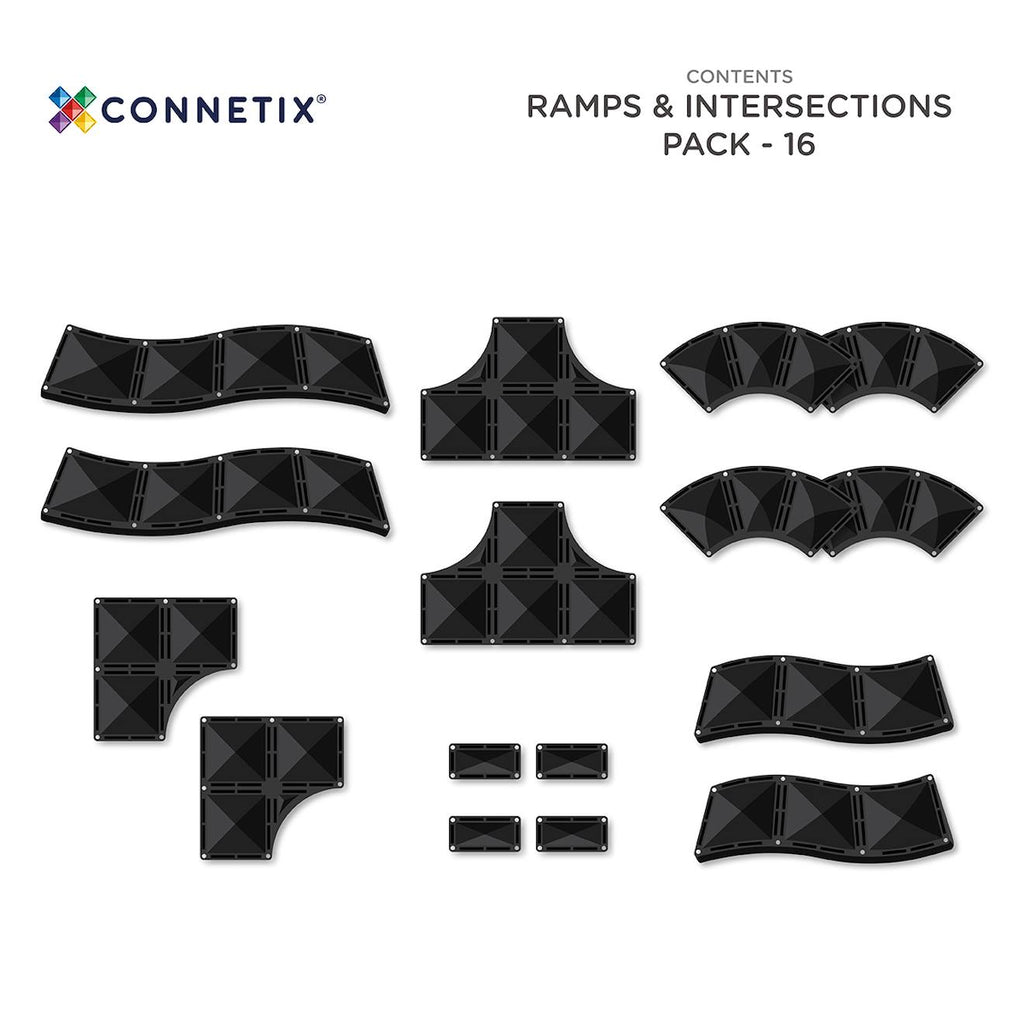 Jeu de construction magnétique pack rampes routières et intersections, 16 pièces noir