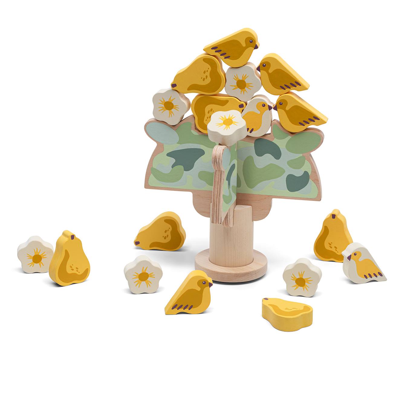 Jeu d'équilibre arbres et oiseaux jaune