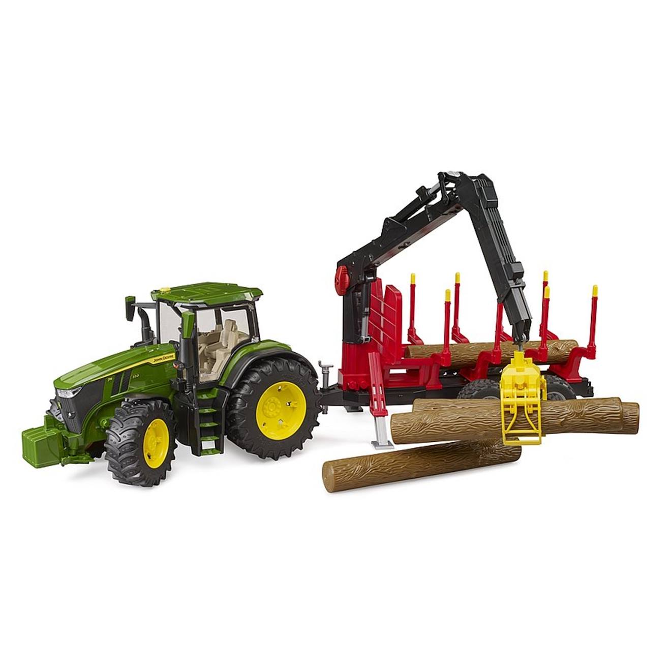 John deere 7r avec remorque forestière et 4 troncs d'arbre multicolore