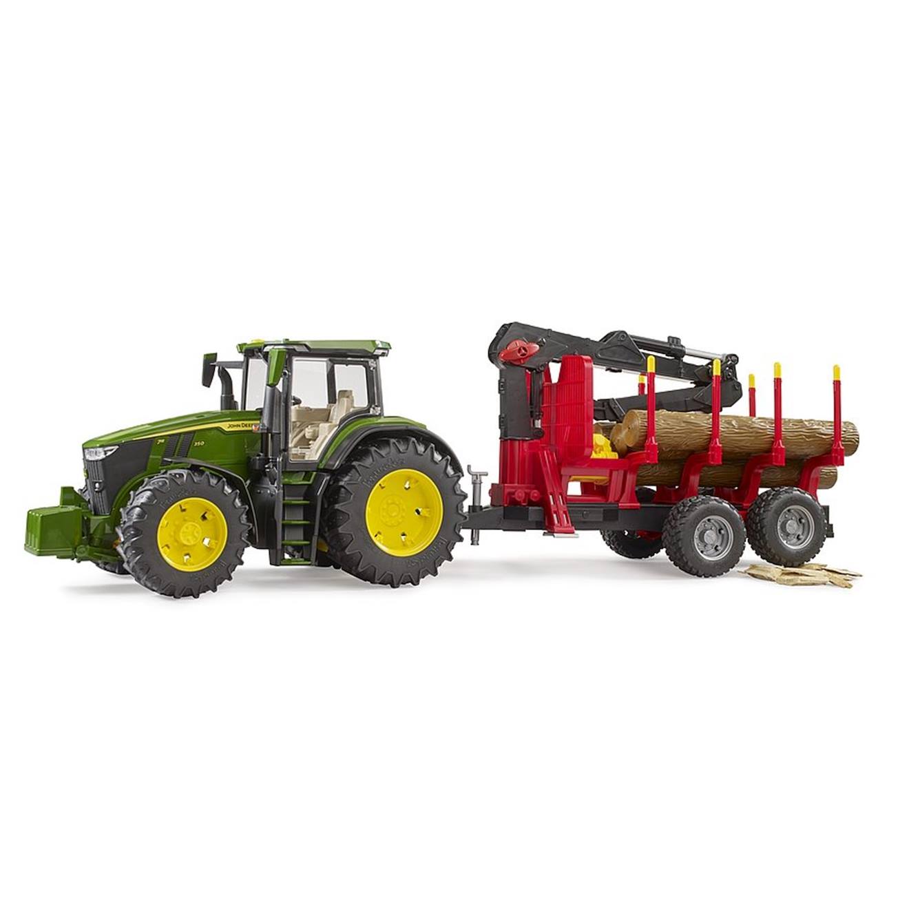 John deere 7r avec remorque forestière et 4 troncs d'arbre multicolore
