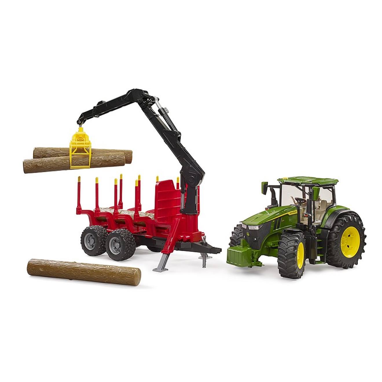 John deere 7r avec remorque forestière et 4 troncs d'arbre multicolore