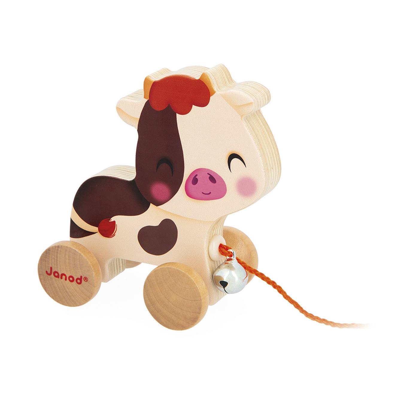 Jouet à tirer en bois FSC, vache à promener marron
