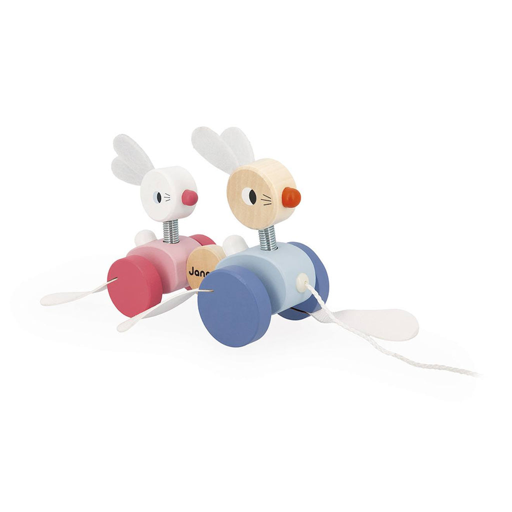 Jouet à tirer en bois - lapins à promener multicolore