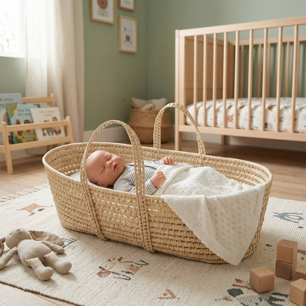 Jouet couffin poupée 60cm en fibres naturelles beige