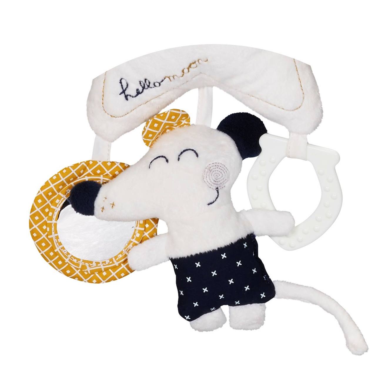 Jouet d'activités avec pince en velours - hello blanc