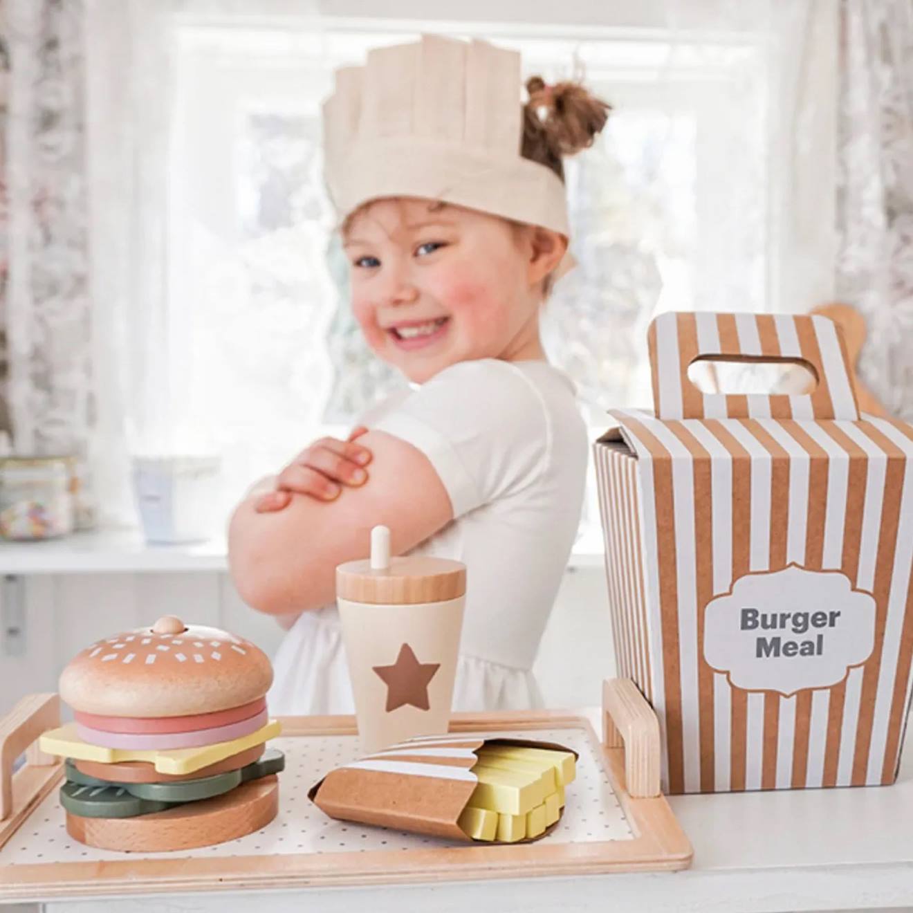Jouet en bois - dînette - burger meal beige