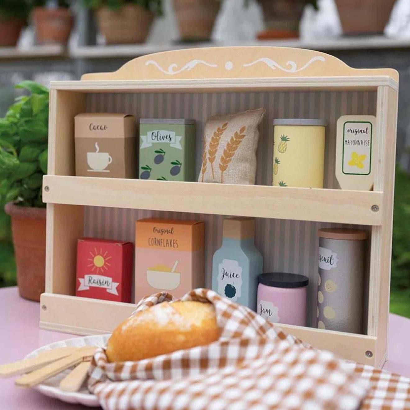 Jouet en bois - etagère avec épicerie gris