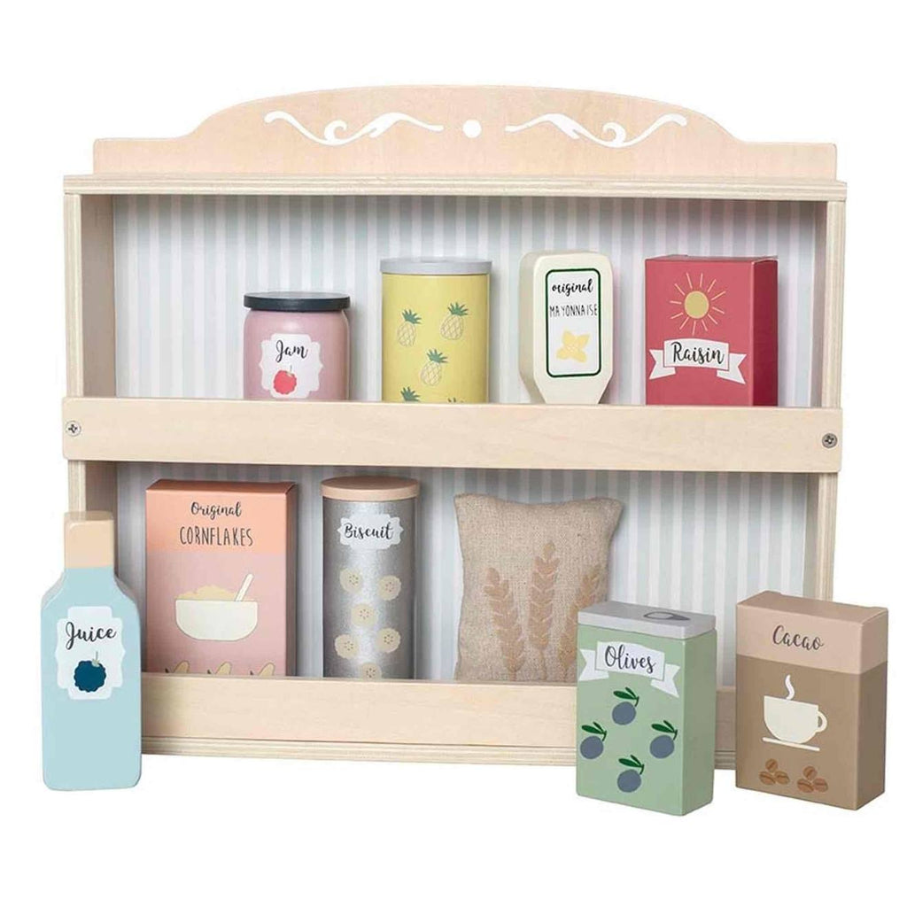 Jouet en bois - etagère avec épicerie gris