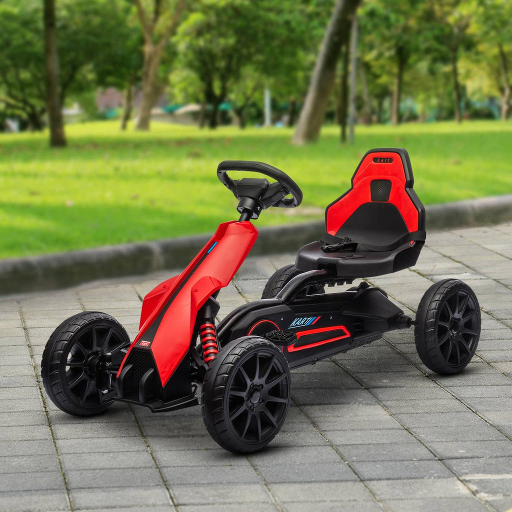 Kart à pédales enfant Go kart formule 1 racing aileron avant carter chaîne fermé siège réglable avec ceinture rouge