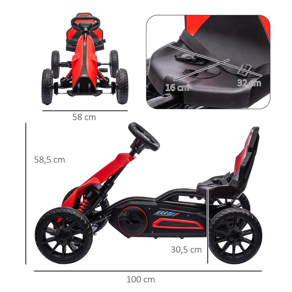 Kart à pédales enfant Go kart formule 1 racing aileron avant carter chaîne fermé siège réglable avec ceinture rouge