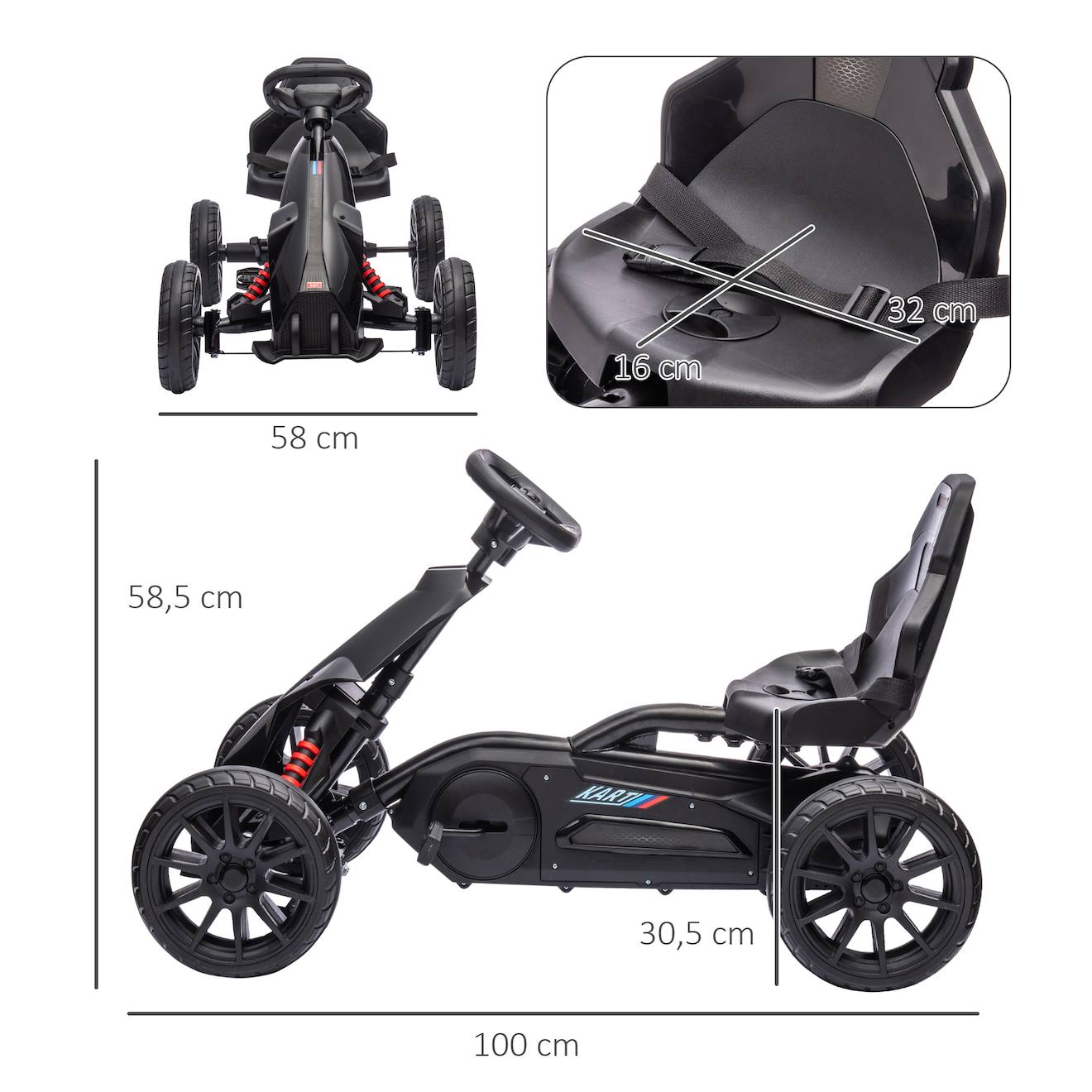 Kart à pédales enfant Go kart formule 1 racing aileron avant carter chaîne fermé siège réglable avec ceinture noir