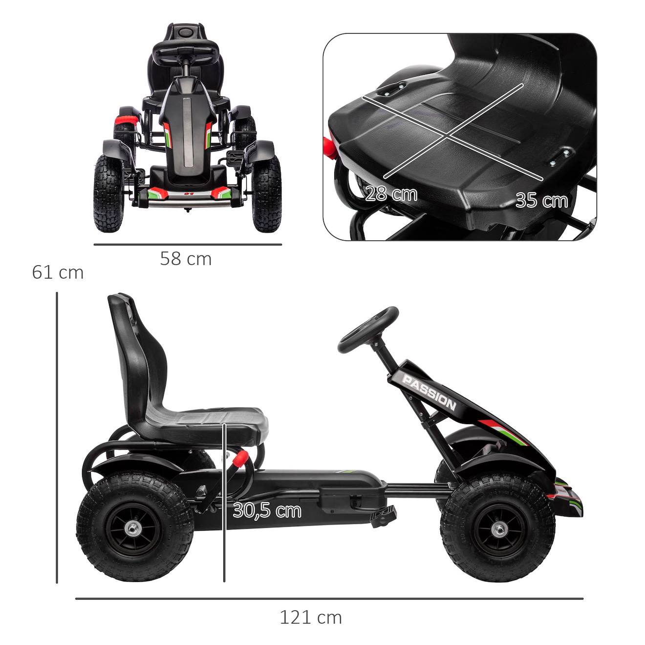 Kart à pédales enfant Go kart formule 1 racing passione italia pneus gonflables caoutchouc noir