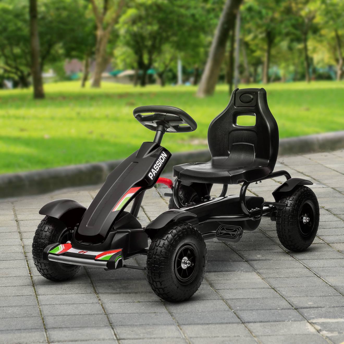 Kart à pédales enfant Go kart formule 1 racing passione italia pneus gonflables caoutchouc noir
