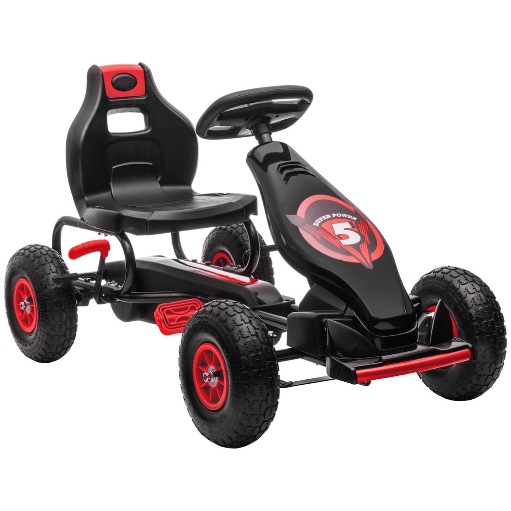 Kart à pédales enfant Go kart formule 1 racing super power 5 aileron avant pneus gonflables caoutchouc rouge