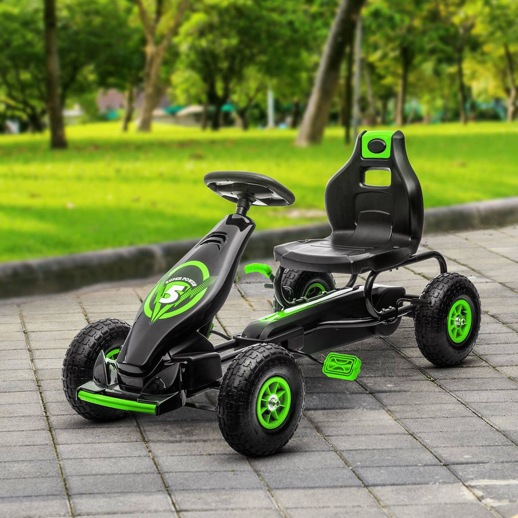 Kart à pédales enfant Go kart formule 1 racing super power 5 aileron avant pneus gonflables caoutchouc vert