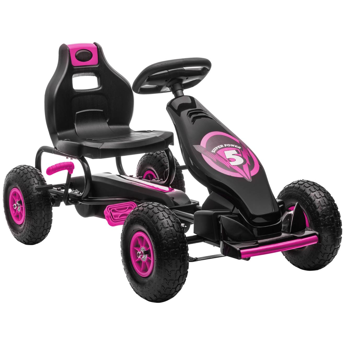Kart à pédales enfant Go kart formule 1 racing super power 5 aileron avant pneus gonflables caoutchouc rose