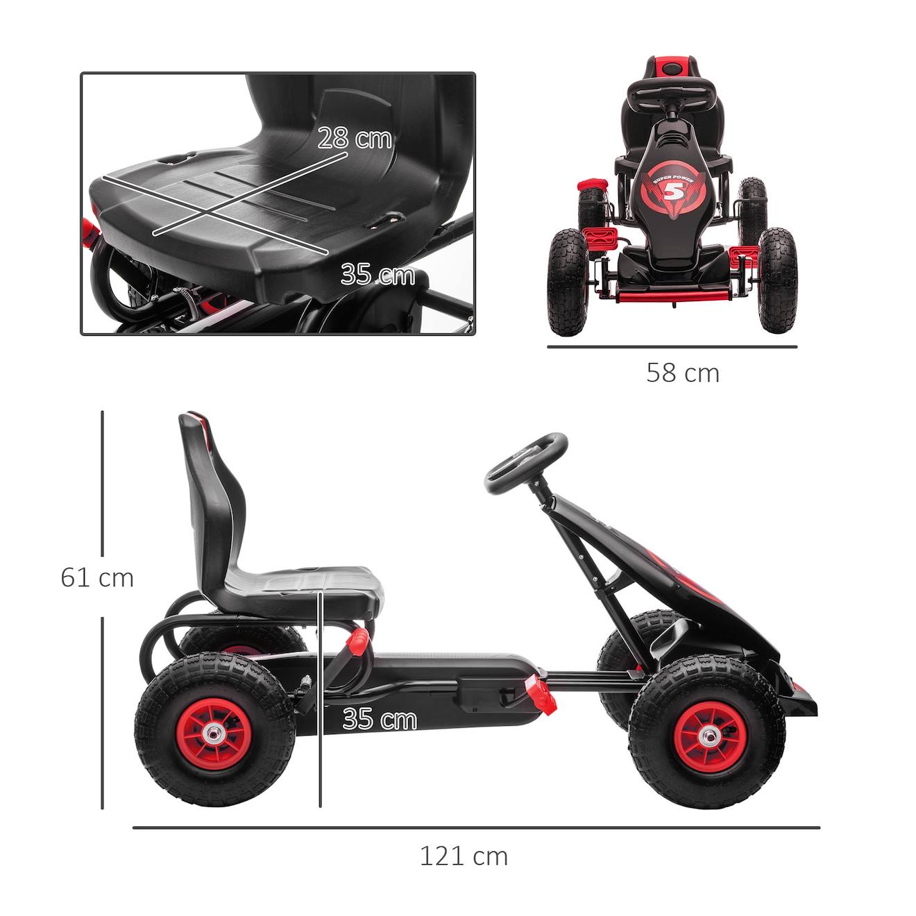 Kart à pédales enfant Go kart formule 1 racing super power 5 aileron avant pneus gonflables caoutchouc rouge