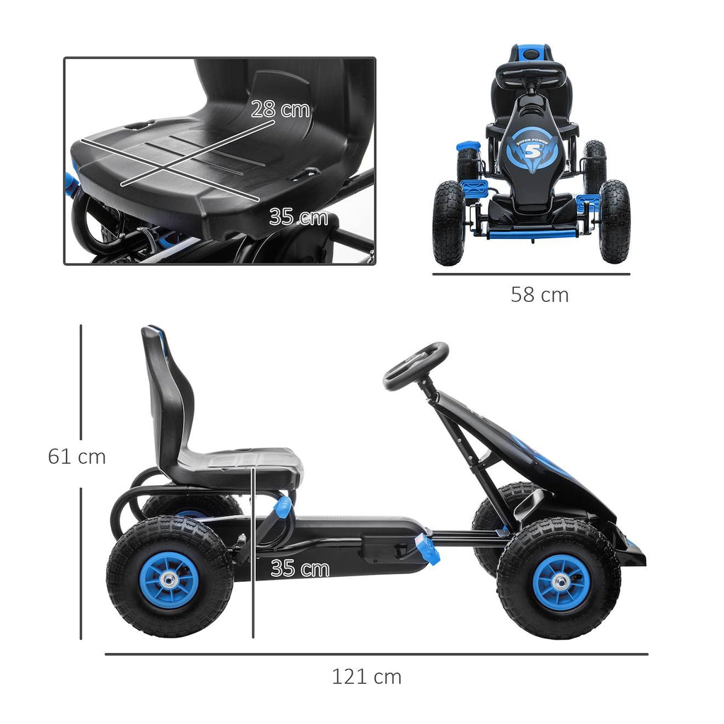 Kart à pédales enfant Go kart formule 1 racing super power 5 aileron avant pneus gonflables caoutchouc bleu