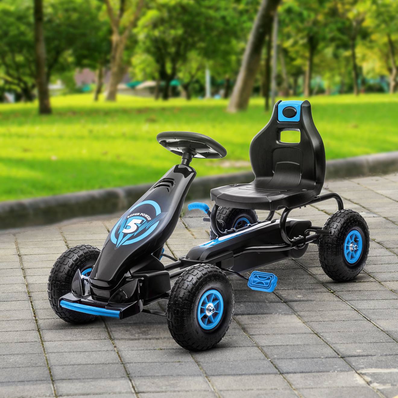 Kart à pédales enfant Go kart formule 1 racing super power 5 aileron avant pneus gonflables caoutchouc bleu