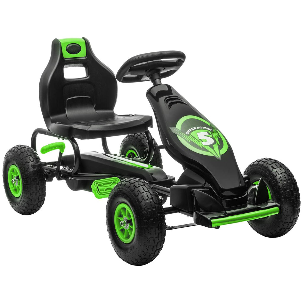 Kart à pédales enfant Go kart formule 1 racing super power 5 aileron avant pneus gonflables caoutchouc vert
