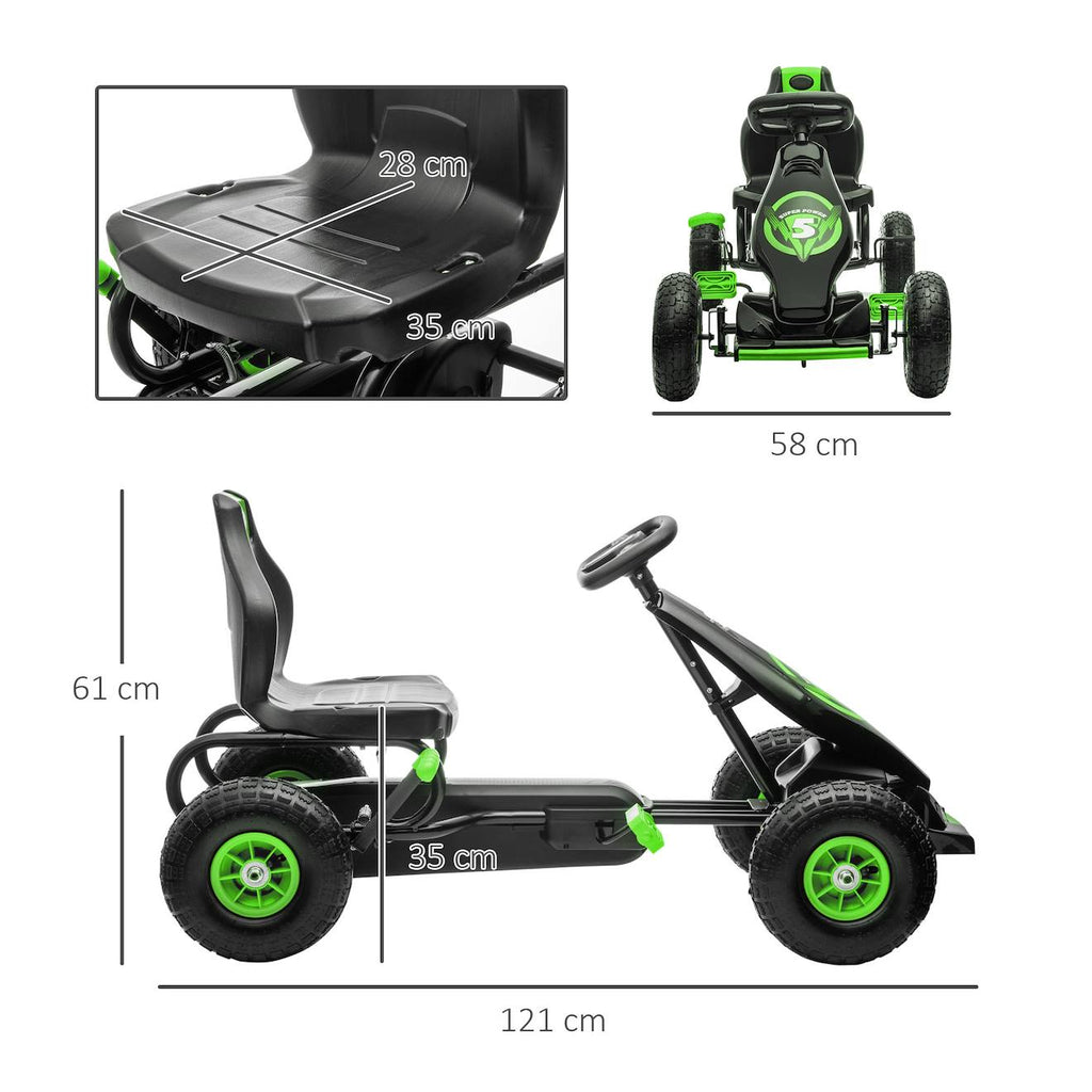 Kart à pédales enfant Go kart formule 1 racing super power 5 aileron avant pneus gonflables caoutchouc vert