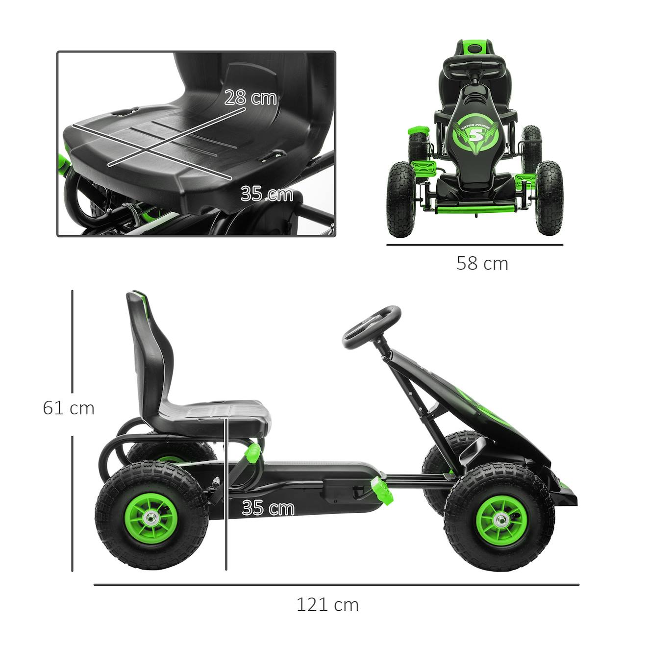 Kart à pédales enfant Go kart formule 1 racing super power 5 aileron avant pneus gonflables caoutchouc vert