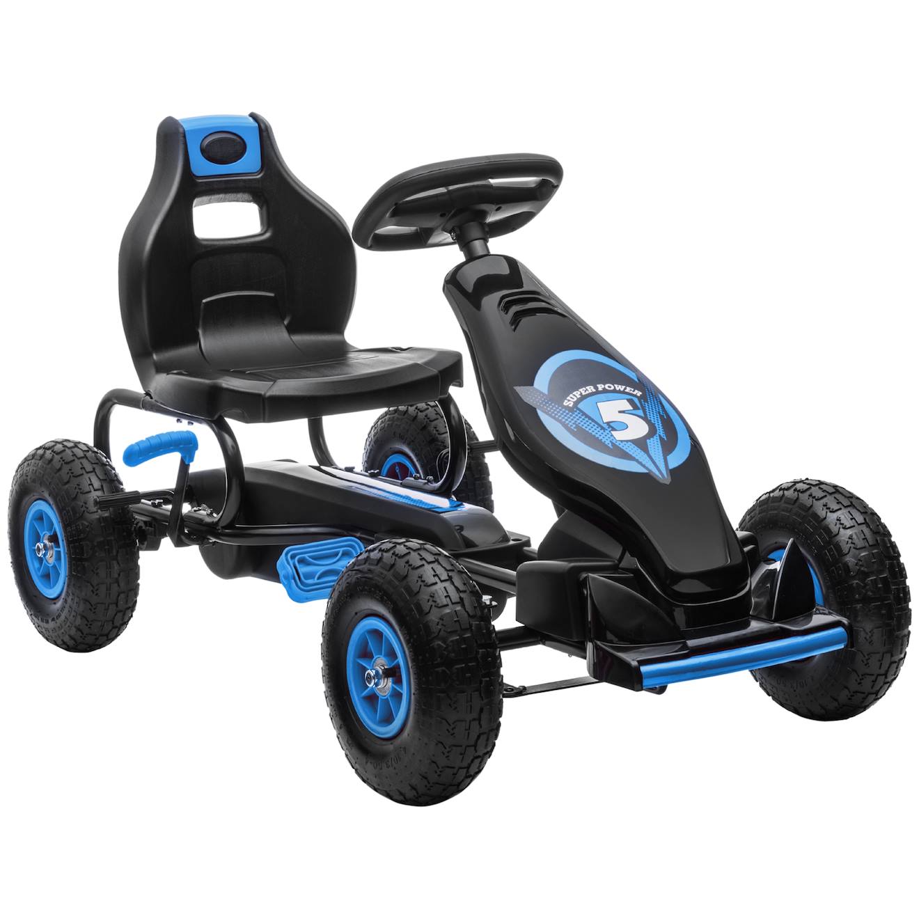 Kart à pédales enfant Go kart formule 1 racing super power 5 aileron avant pneus gonflables caoutchouc bleu