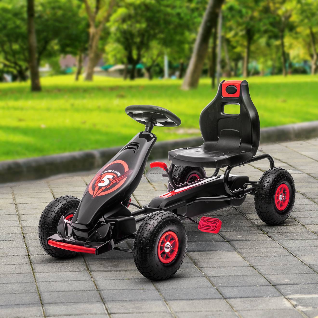 Kart à pédales enfant Go kart formule 1 racing super power 5 aileron avant pneus gonflables caoutchouc rouge