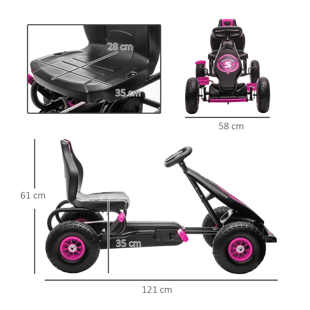 Kart à pédales enfant Go kart formule 1 racing super power 5 aileron avant pneus gonflables caoutchouc rose