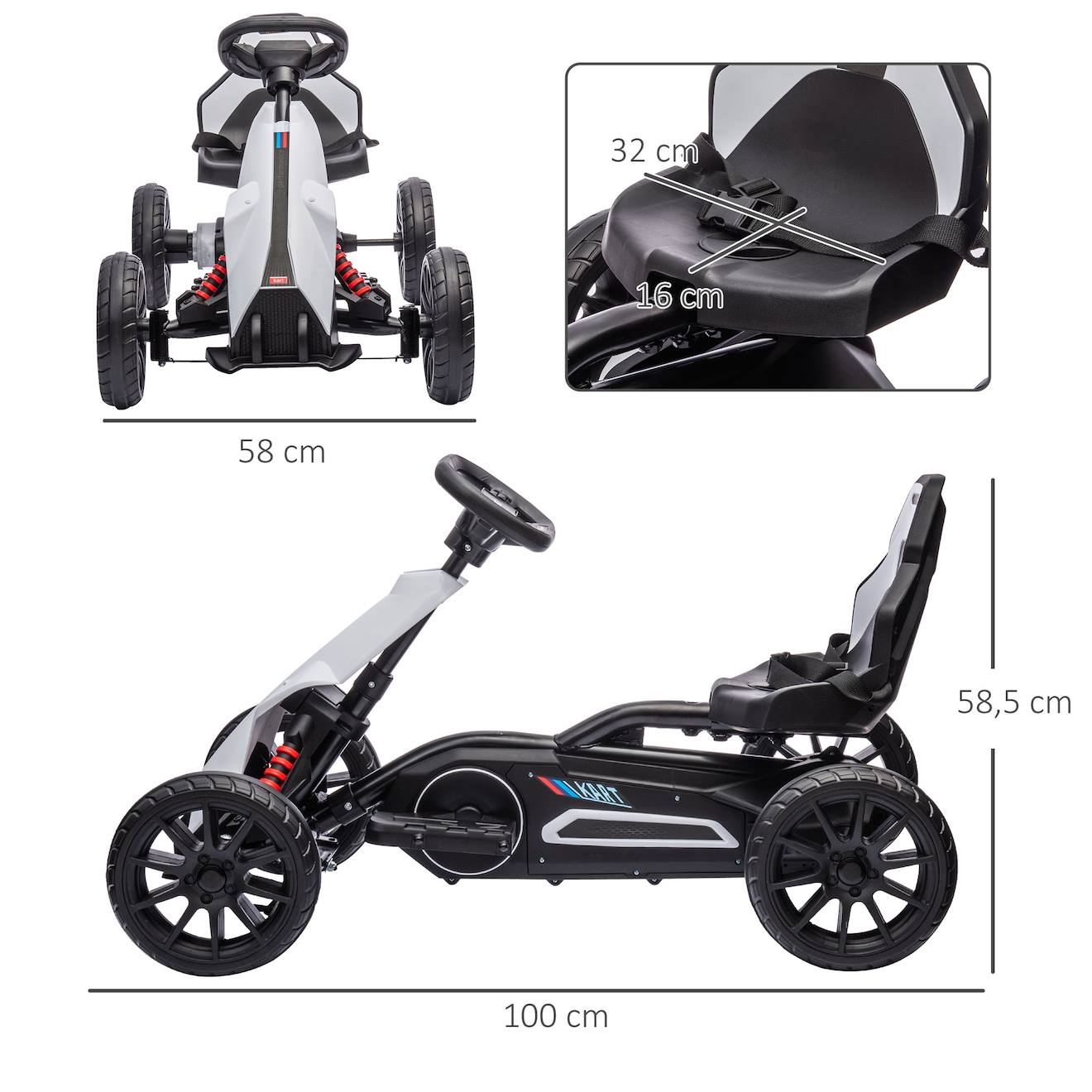 Kart électrique enfant 12v 2 vitesses max 5 km/h ceinture sécurité blanc