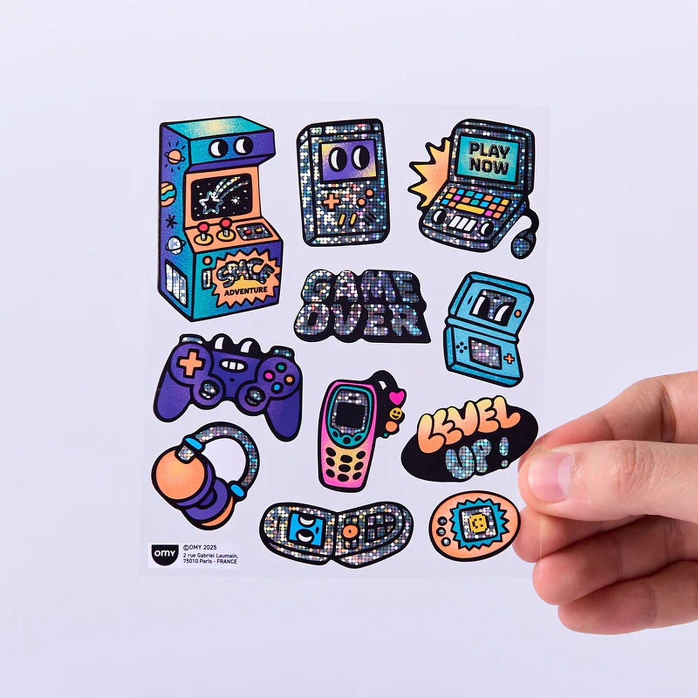Stickers fluo motifs jeux vidéo sur fond blanc