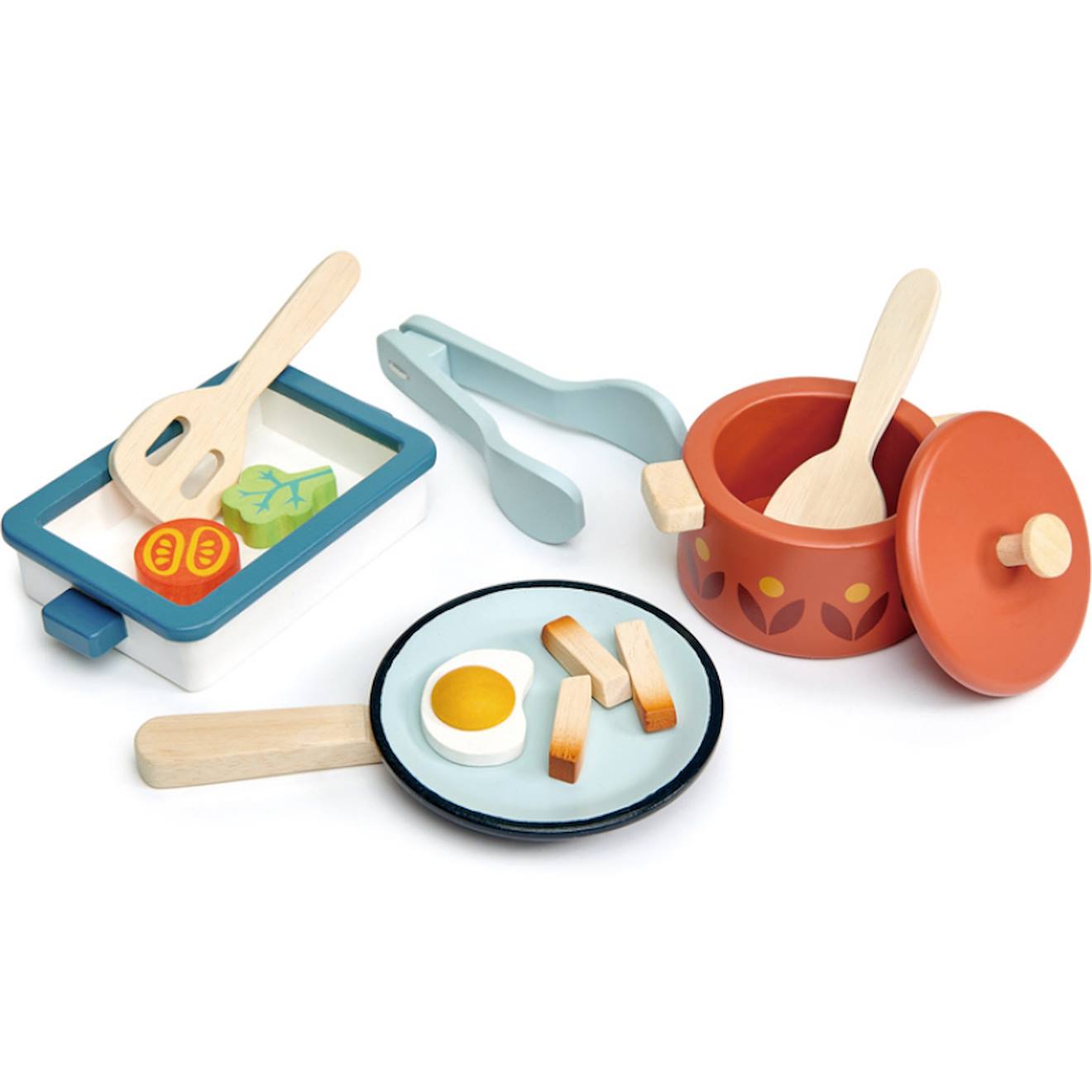 Kit de casserole et poêle en bois bleu, rouge, blanc