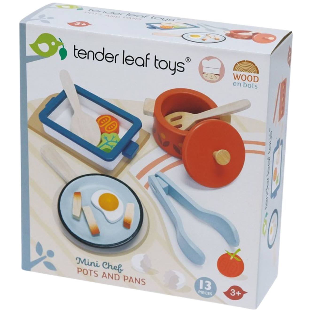 Kit de casserole et poêle en bois bleu, rouge, blanc