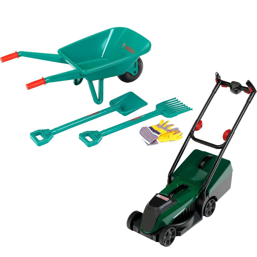 Kit de jardinage bosch brouette et tondeuse à gazon rotak vert