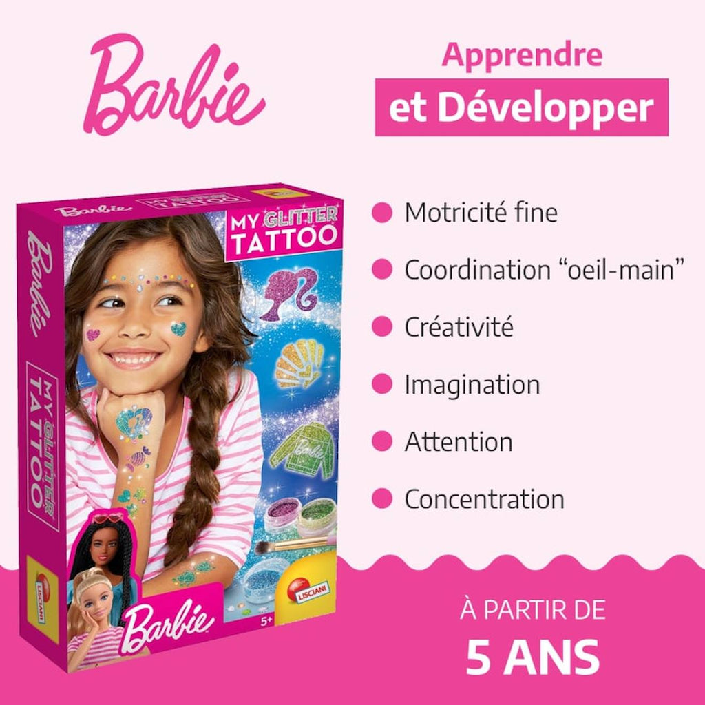 Kit mon tatouage pailleté Barbie pour enfants dès 5 ans - tatouages éphémères et gemmes multicolore