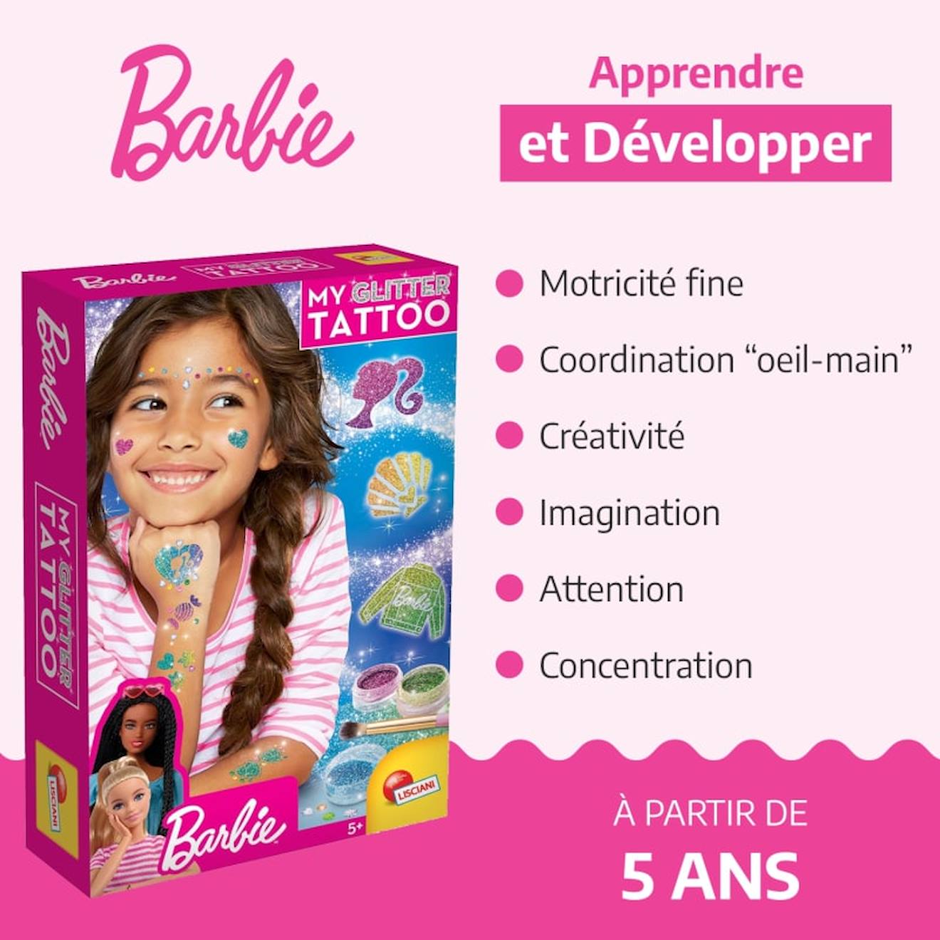 Kit mon tatouage pailleté Barbie pour enfants dès 5 ans - tatouages éphémères et gemmes multicolore