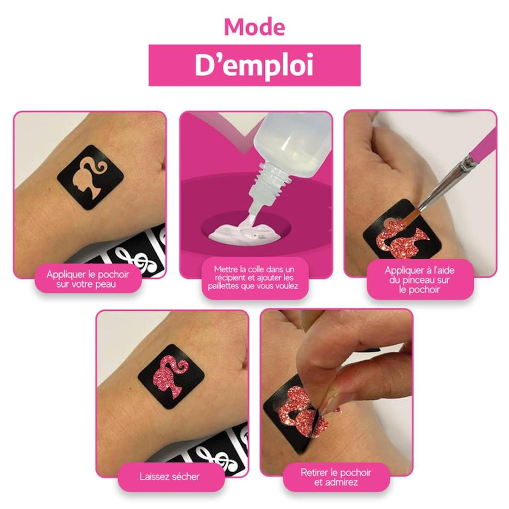 Kit mon tatouage pailleté Barbie pour enfants dès 5 ans - tatouages éphémères et gemmes multicolore