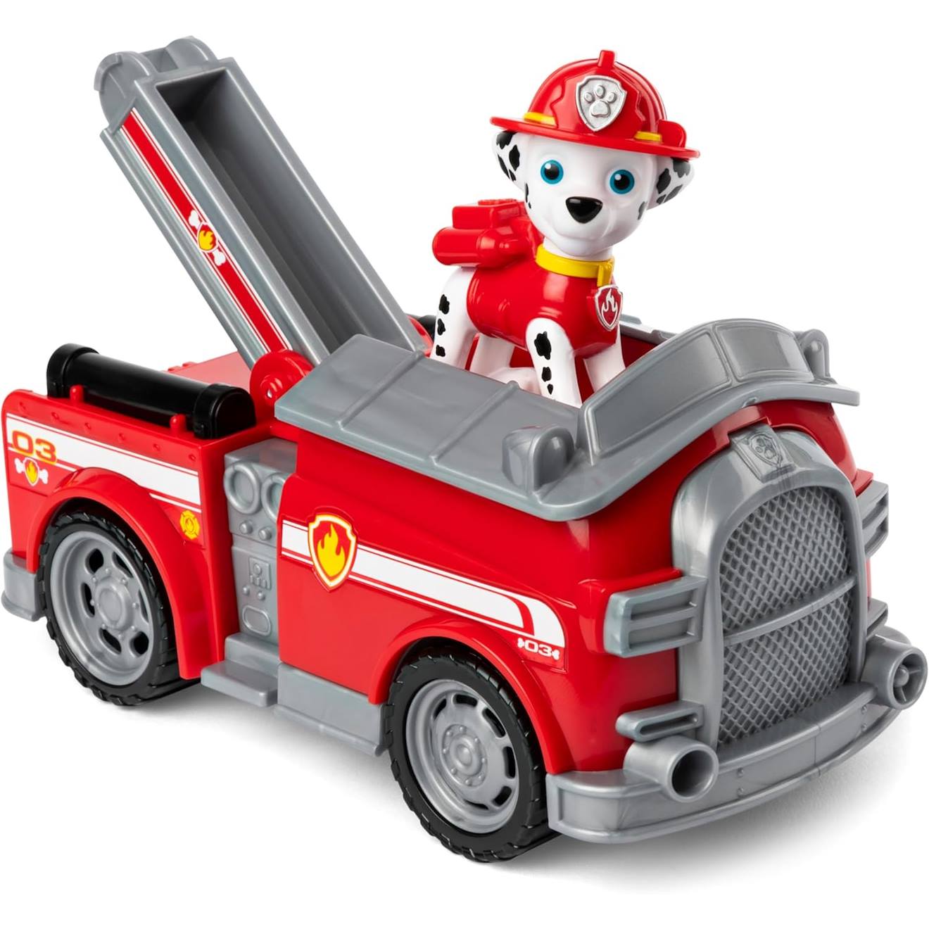 La pat patrouille véhicule de pompiers avec la figurine de marshall multicolore
