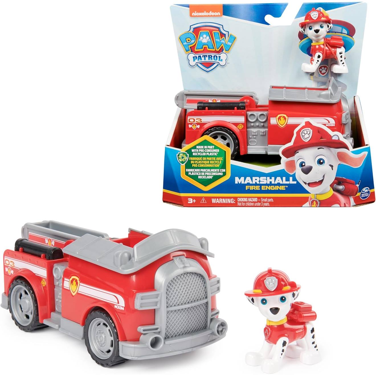 La pat patrouille véhicule de pompiers avec la figurine de marshall multicolore