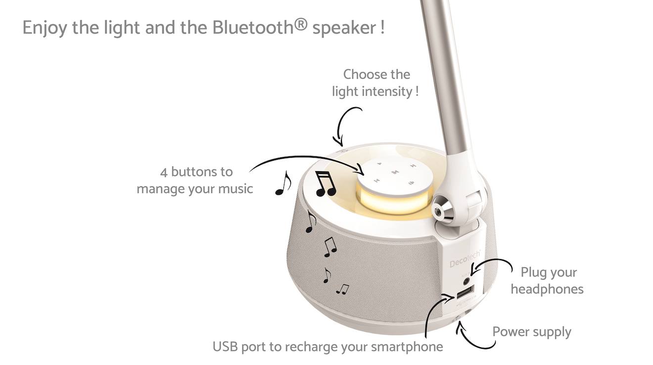 Lampe de bureau avec lumières LED et enceinte Bluetooth blanc