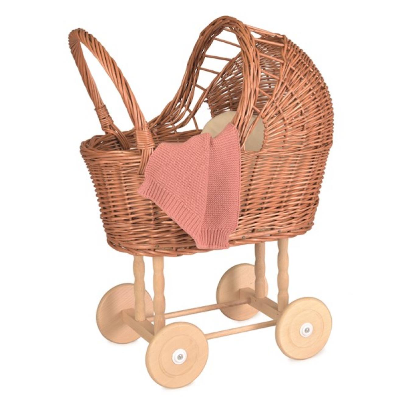 Landau en osier avec couverture tricot marron