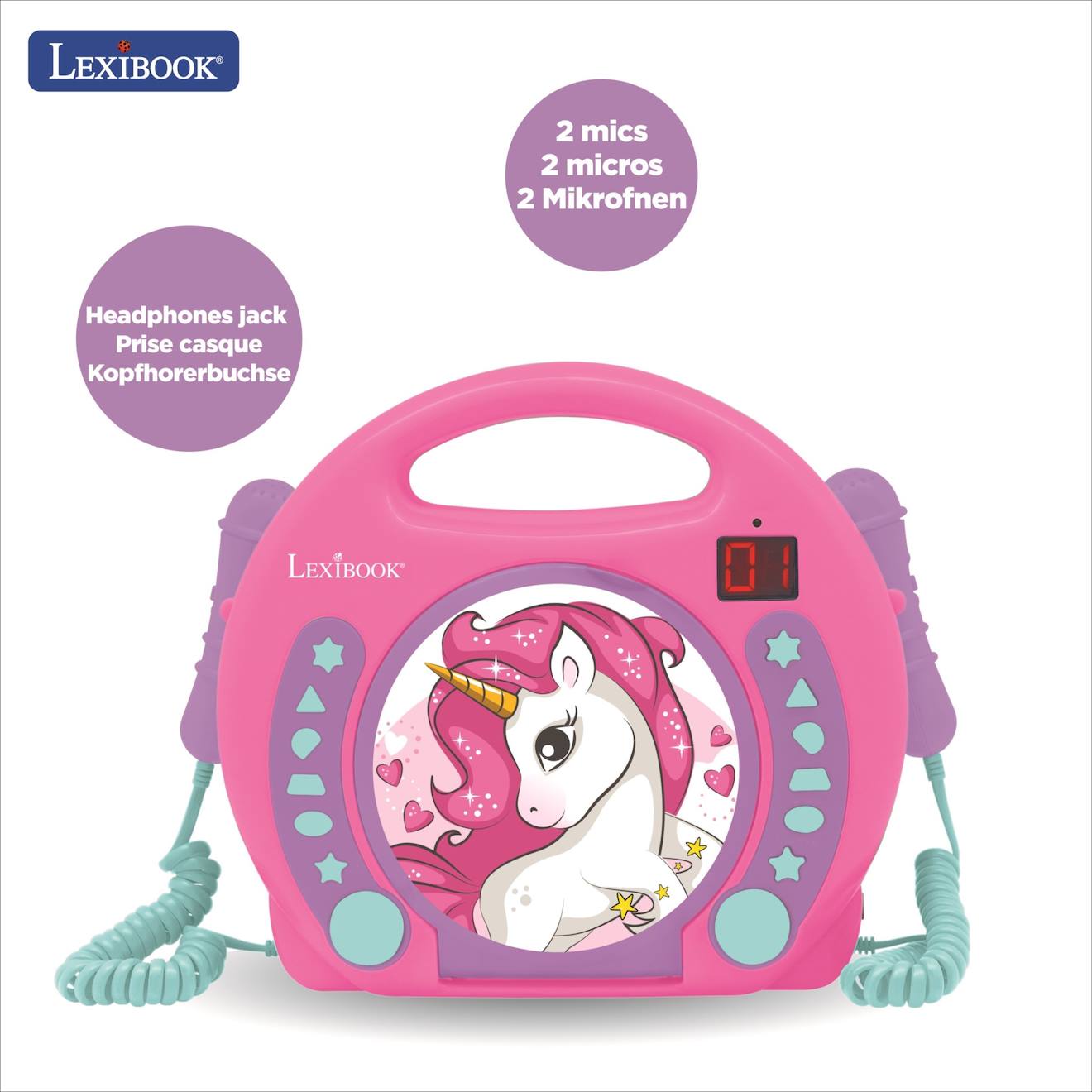 Lecteur CD portable avec 2 microphones coloris licorne multicolore