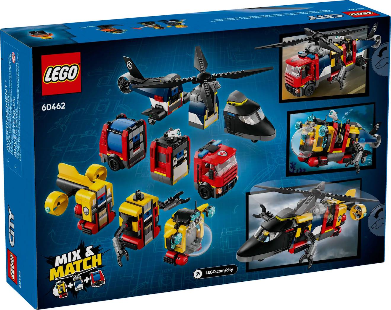 LEGO city - hélicoptère, camion de pompiers et sous-marin modulable - 60462 multicolore