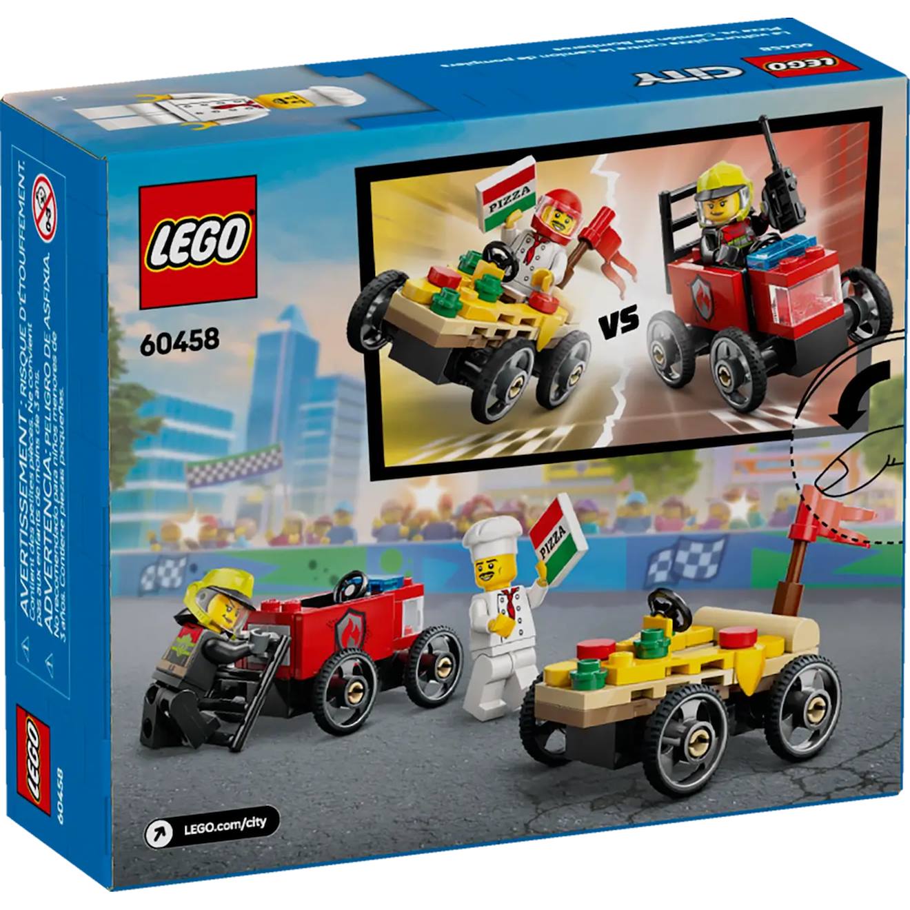 LEGO city - pack de bolides de course : camion de pizza contre camion de pompiers - 60458 multicolore