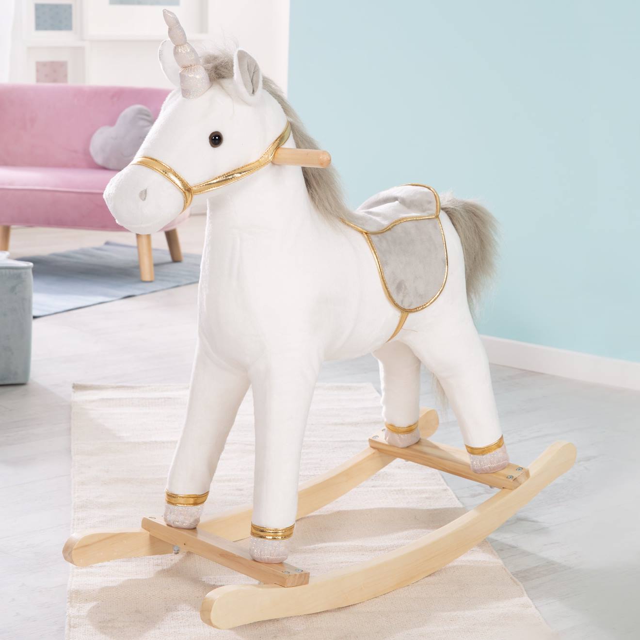 Licorne à bascule avec selle et bride blanc / argenté