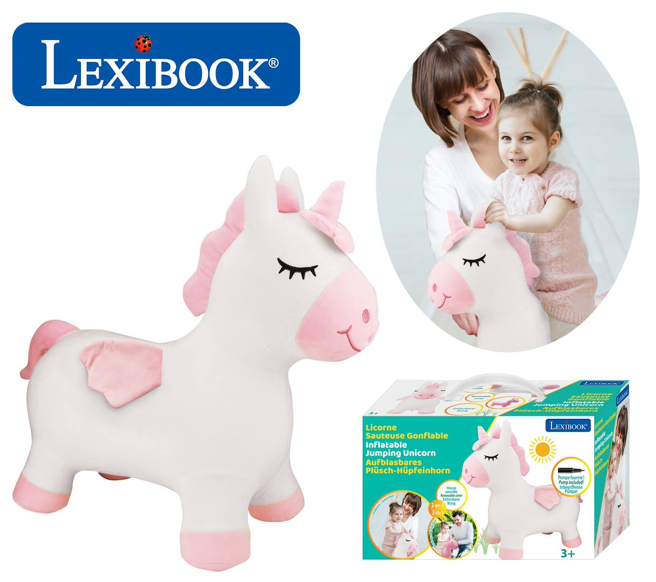 Licorne sauteuse gonflable avec housse en peluche blanc