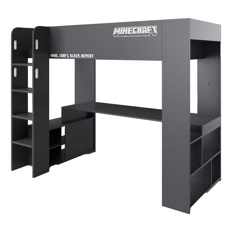 Lit mezzanine Minecraft avec bureau & LED – Noir effet carbone